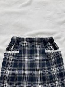 SHEIN 青春期女孩格子休闲裤、学院风复古裤 - 藏蓝色 - 查看 5