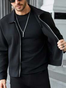 Manfinity CasualCool Manfinity Men's Long Sleeve Black Zip-Up Overcoat ,Ideal For Halloween, Christmas, Daily Streetwear & Casual Dates, Perfect Gift For Boyfriends/Husbands On Anniversaries, Fall Winter