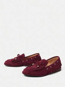 Styleloop Burgundy Bowknot Decor Casual Slip-On Flats, Versatile For Commuting, Suitable For Halloween, Christmas, Autumn - Burgundy - View 3