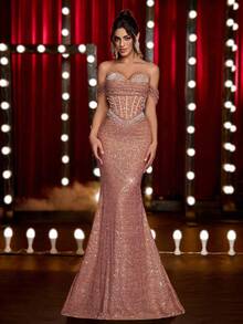 Glamrae Elegant Luxurious Champagne Elastic Beaded Sequin Ruched Mermaid Skirt, Suitable For Weddings, Parties, Vacations, Galas, Formal Occasions (Heavy Embellished) - Champagne - View 3