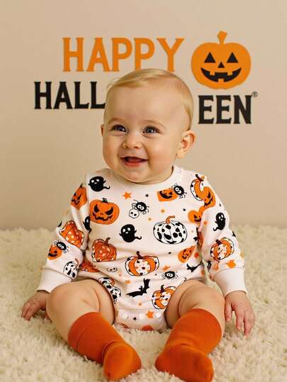 SHEIN 男宝宝可爱南瓜印花连体衣，休闲舒适，适合户外散步、室内休闲玩耍和万圣节派对。万圣节宝宝服装，南瓜宝宝套装，宝宝万圣节服装，十月宝宝服装，男宝宝连体衣，新生儿男宝宝连体衣，男女宝宝万圣节服装，宝宝万圣节服装，万圣节宝宝恐怖宝宝服装，秋冬季