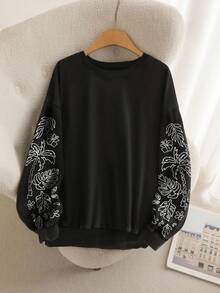 CosyJoli Teacher's Day Halloween Casual Versatile Plus Size Casual Long Sleeve Personalized Sleeve Floral Pattern Loose Round Neck Pullover, Women's Autumn Clothing Suitable For Autumn And Winter - Black - View 3