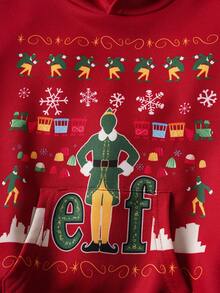 ELF X SHEIN Young Boy Christmas Letter Graphic Hooded Long Sleeve Sweatshirt Fall Winter - Red - View 3