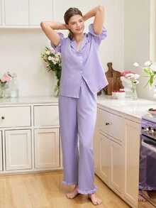 Ruffle Trim Pocket Patched PJ Set / Pajama Set - Purple - View 5