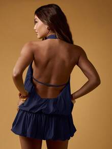 MISSGUIDED Vestido corto elegante sin espalda con cuello halter, volantes y dobladillo abullonado para fiestas de verano y eventos - Azul Marino - Ver 2