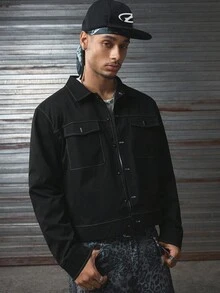 AXEPEAK 男士秋季单排扣实用口袋休闲长袖夹克，Grunge风格 - 黑色 - 查看 4