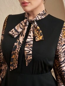 Chikora 加大码黑色拼布豹纹领结蝴蝶结长袖灯笼袖休闲连衣裙，适合日常穿着和通勤 - 彩色 - 查看 6