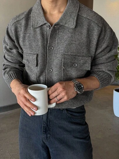 DAZY 男士纯色双胸袋开衫，灰色，秋季