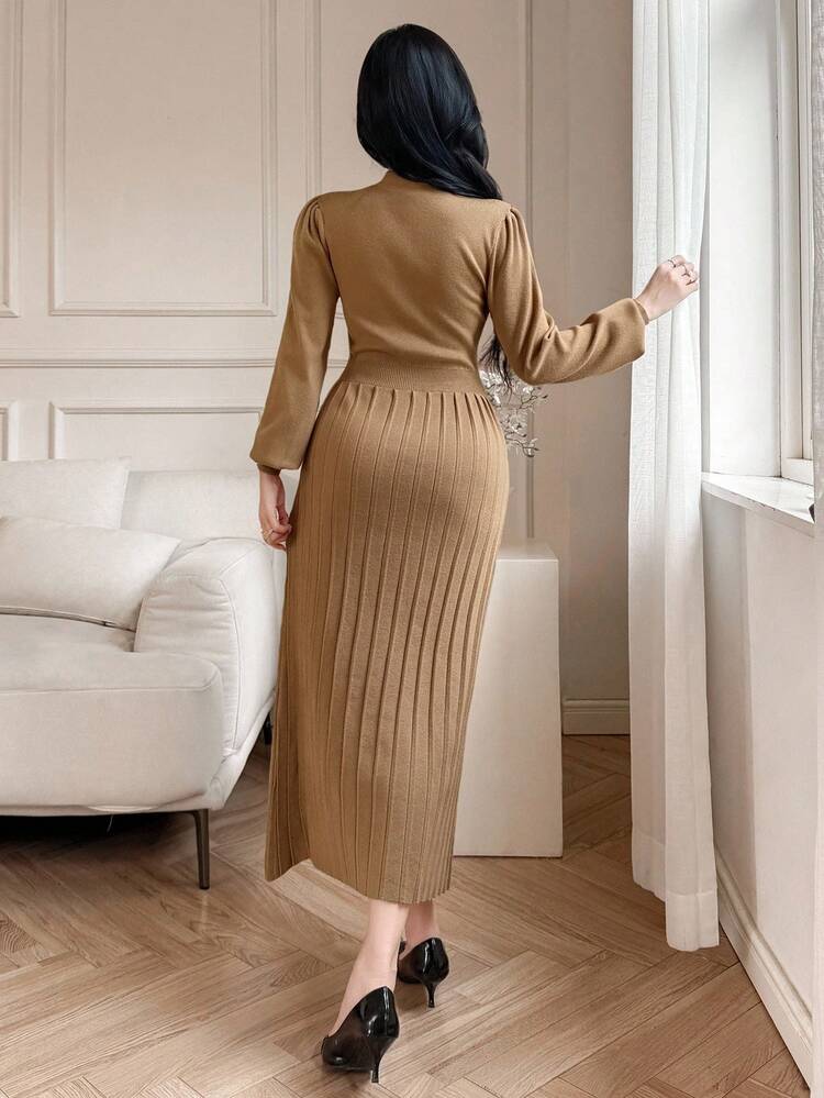 Women's Elegant Solid Color Tie-Up Sweater Dress, Autumn