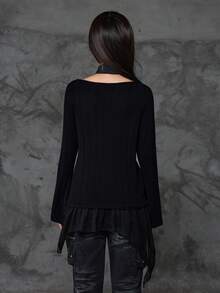 ROMWE Grunge Punk Bloopia Camiseta de manga larga de punto con estampado digital, cuello caído y escote alto, para mujer, estilo coreano casual, rejuvenecedor, para otoño/invierno y Halloween, de alta gama, con collar de perlas