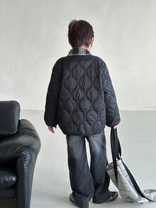 1pc Boys' Quilted Diamond Pattern Casual Padded Coat Fall Winter - Black - View 2