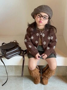 DAZY Cardigan Longgar Gaya Korea Motif Bunga Blok Warna untuk Balita Perempuan, Musim Gugur/Dingin - Coffee Brown - View 7