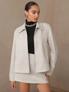 Modelyn Áo khoác ngoài ngắn thời trang cổ điển có khóa kéo bằng da lộn dành cho nữ, màu xám nhạt, mùa thu - Màu Xám nhạt - Xem 3