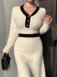 DAZY Gaun Sweater Patchwork Blok Warna Elegan untuk Wanita, Musim Gugur - Krem - View 6