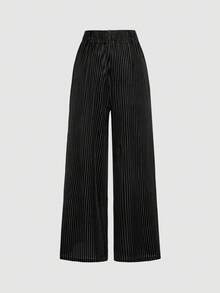SHEIN MOD Women's Fashion Casual Striped Print Straight Leg Pants,Autumn/Winter,Halloween ,Christmas Party ,New Year Women's ,Thanksgiving,Casual For Women ,Black Velvet Pants,Casual Pants,Zip Up - Black - View 3