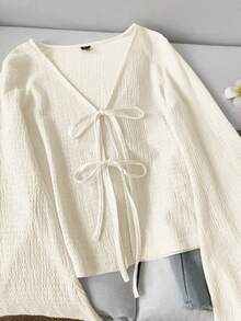 SHEIN LUNE Women's Casual Solid Color Tie Cuff Flare Sleeve Blouse V Neck Top Tie Front Top Knit Top Bell Sleeve Top Cottagecore Top