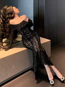 DAZY Elegante abito midi da donna con spalle scoperte, maniche a campana e fondo a sirena, adatto per feste in autunno - nero - Visualizzare 8