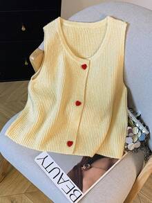 SHEIN 女士休闲心形纽扣针织背心，秋冬 - 黃色 - 查看 1