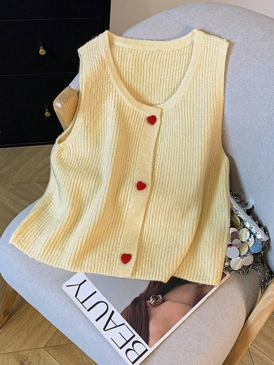 SHEIN 女士休闲心形纽扣针织背心，秋冬 - 黃色 - 查看 1