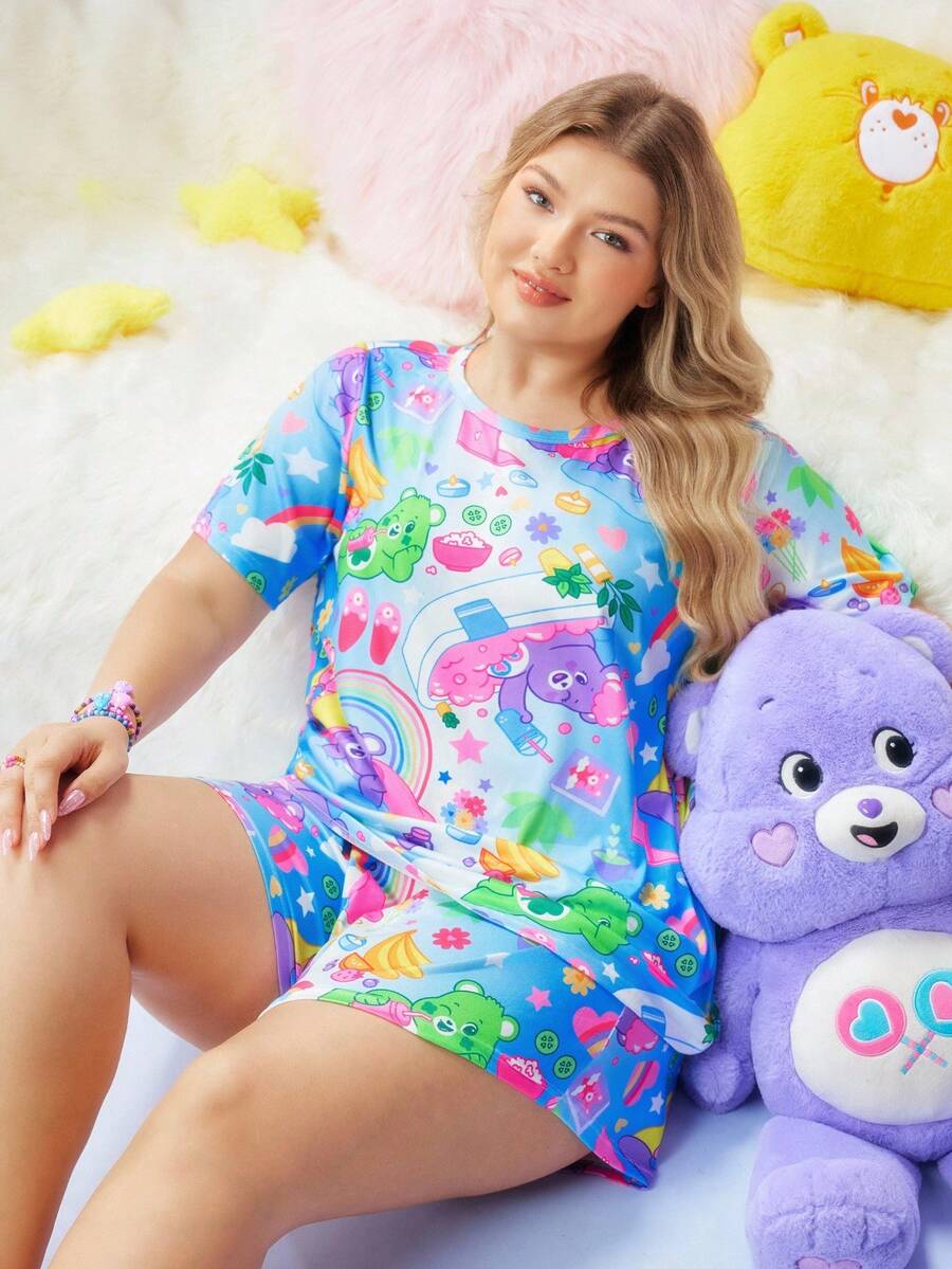 Slumberry CURVE SweetSlumber X Carebears Plus Size Women Cartoon Pattern Round Neck Short Sleeve Top And Shorts PJS Cute PJS Kawaii Pajamas Care Bear Pajamas PJS Summer Cartoon Pajamas - Multicolor - View 1