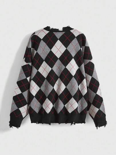 Grunge Punk Pull oversize ample à col en V à carreaux vintage sombre avec effet usé et diamants pour femmes