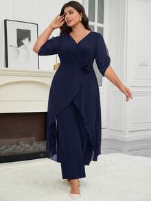 Reflora Monos elegantes sin mangas con cintura ceñida para mujer de talla grande - Azul Marino - Ver 4