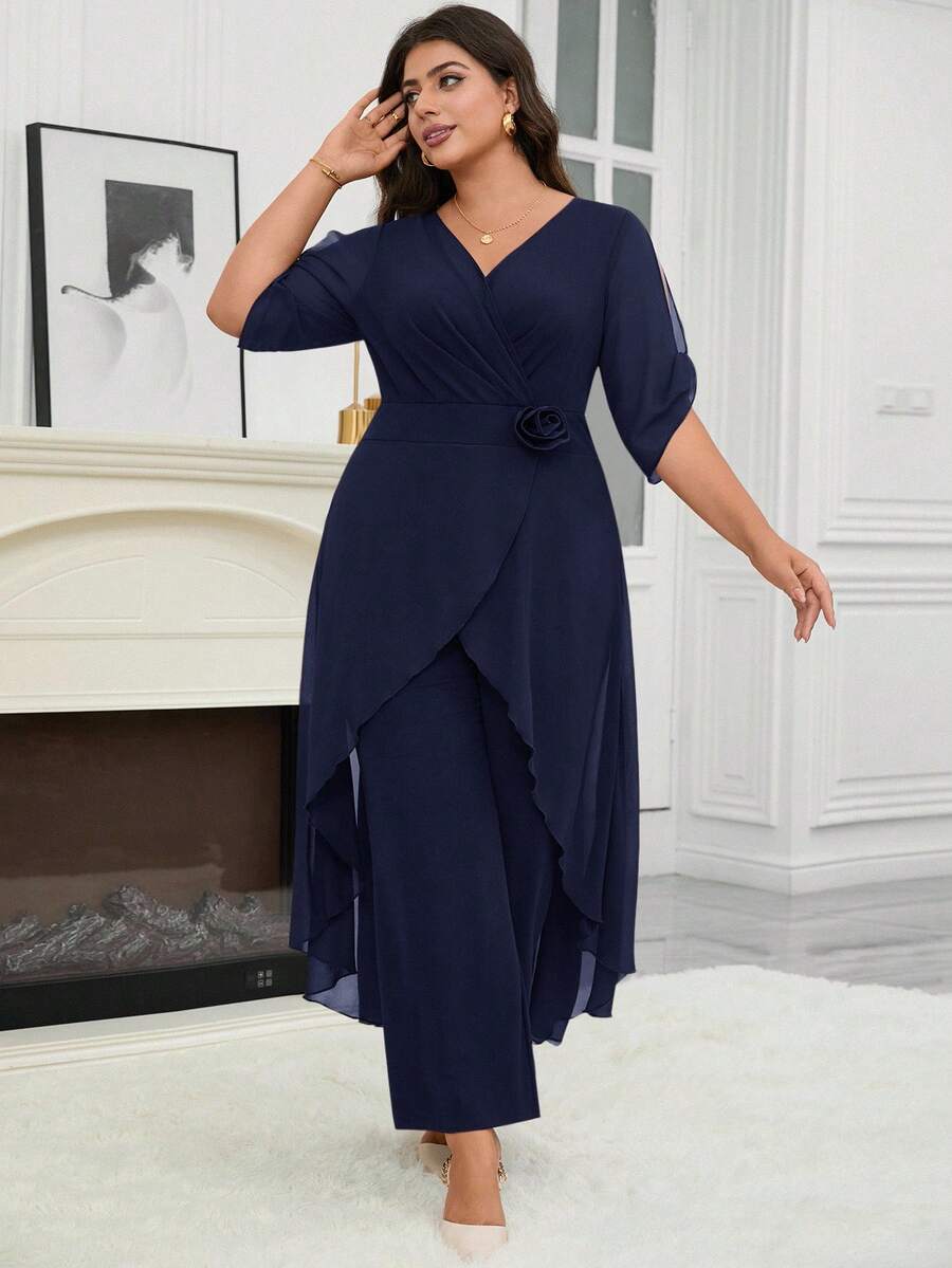Reflora Plus Size Women Elegant Waist Cinched Sleeveless Jumpsuits - Navy Blue - View 1