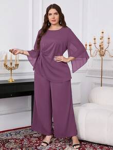 Reflora 大码女式休闲纯色上衣和宽松长裤两件套 - 淺灰紫 - 查看 2