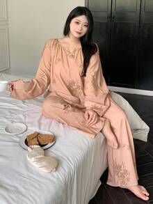 Dazy Plus 2 件大码女式宽松休闲睡衣套装，时尚家居服，适合户外穿着，秋季服装 - 卡其色 - 查看 5