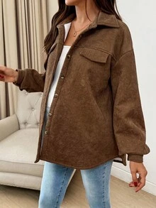 SHEIN Casual Loose Solid Color Long Sleeve Button-Up Warm Fleece Maternity Blouses - Brown - View 4