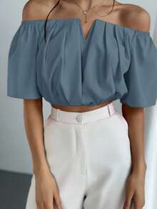 Aloruh 女式纯色时尚露肩V领收腰衬衫 - 水鴨藍 - 查看 3