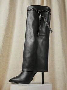 SHUZIA Women's Glamorous Pointy Toe Stiletto Heel Knee High Boots With Rivet Strap Decor - Black - View 2
