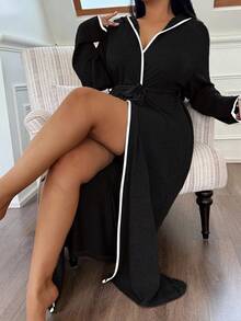Napfluff CURVE Napfluff CURVE Soft Knit Floral Gauze Casual Hooded Loungewear Plus Size Robe, Fall & Winter, Cozy Outfit - Black - View 6
