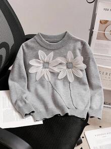 Suéteres cinza outono/inverno para meninas - Doces, flores 3D feitas à mão, soltos, versáteis, para uso diário/viagem - Cinza - Ver 1