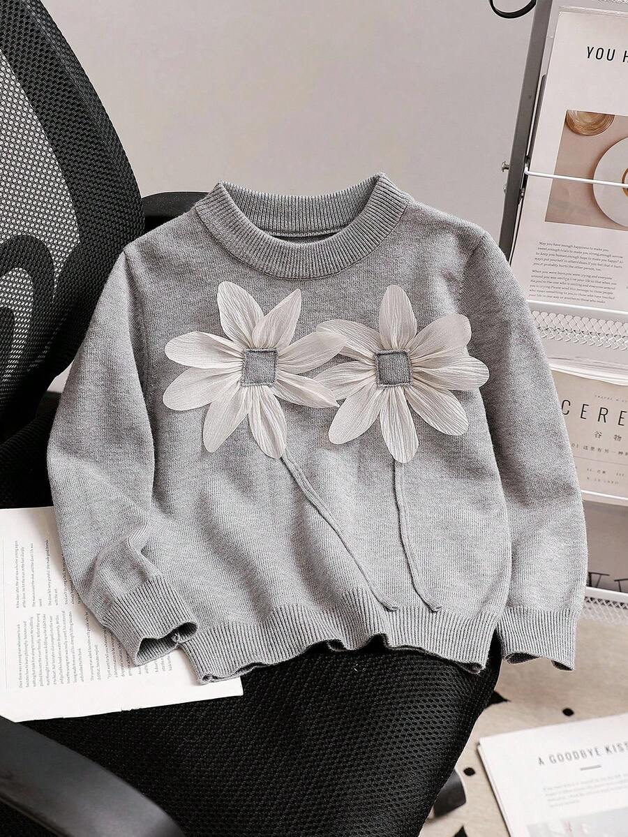 Suéteres cinza outono/inverno para meninas - Doces, flores 3D feitas à mão, soltos, versáteis, para uso diário/viagem - Cinza - Ver 1