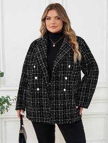 SHEIN CURVE+ Blazer casual con colletto a tacca, manica lunga, bottoni davanti, in tessuto a quadri, adatto per taglie comode, in materiale tweed, giacca blazer nera, giacca invernale da donna, con paillettes, adatta per feste, autunno/inverno
