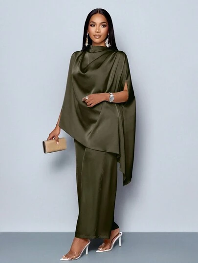 SOLERSUN Women's Fashionable Solid Color Elegant Mock Neck Stylish And Sophisticated Batwing Sleeve Satin Asymmetrical Hem Blouse & Straight-Leg Elegant Long Pants Sets