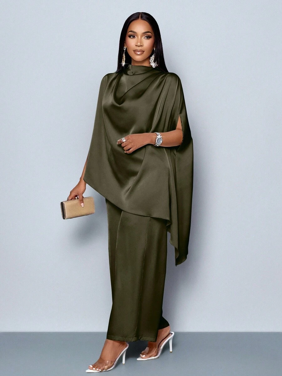 SOLERSUN 女士时尚纯色优雅立领时尚精致蝙蝠袖缎面不对称下摆衬衫和直腿优雅长裤套装 - 橄欖綠 - 查看 1