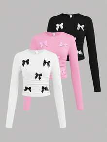 SHEIN 3pcs/Set Tween Girl Fitted Casual Solid Color Handmade Ribbon Bow Crew Neck Ruched Long Sleeve T-Shirts,Cute School White Winter Fall Pink Black Tops - Multicolor - View 2