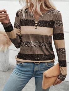 EMERY ROSE Women's Casual V-Neck Long Sleeve Striped Button T-Shirt With Random Print, Autumn Graphic Tees Women Tops For Spring - Multicolor - View 7