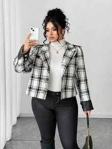 Elenzga Plus Size Women Plaid Patchwork PU Elegant Blazer Jacket With Button Closure, Autumn/Winter - Black and White - View 5
