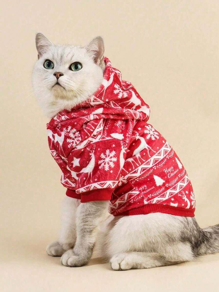 PETSIN 1 Peça Moletom de Estimação com Estampa de Floco de Neve em Flanela Vermelha de Natal - Multicolorido - Visão 1