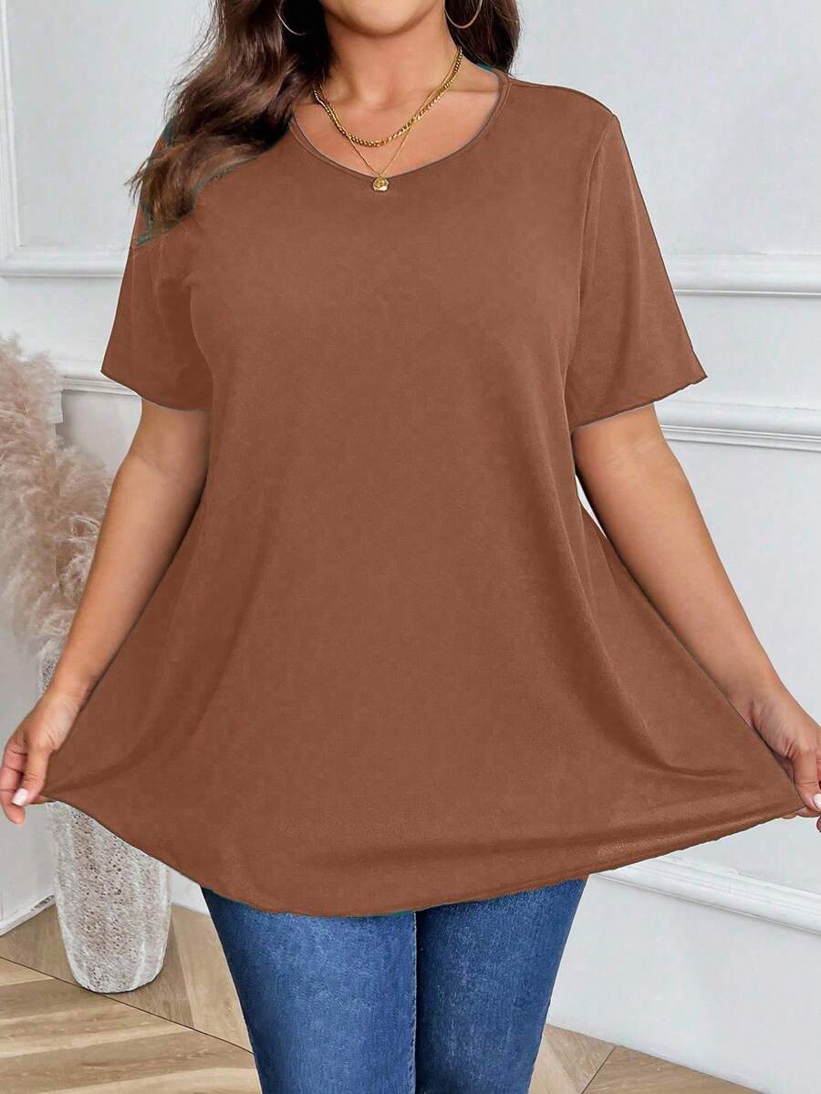 EMERY ROSE Plus Size Women Casual Loose Fit Round Neck Short Sleeve T-Shirt, Summer