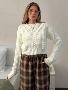 EURMUSE 奶油色粗针织短款毛衣，3D 蝴蝶结细节和罗纹下摆 - 女性化舒适触感 - 杏色 - 查看 9