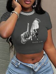 Slaydiva LA Casual Hand Gesture Letter Print Crew Neck Short Sleeve Cropped Fitted Women T-Shirt, Suitable For Summer