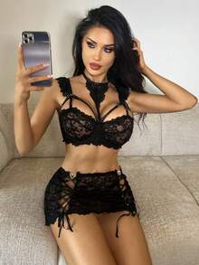 SHEIN 2 件套女士性感蕾丝钢圈文胸套装，坏蛋造型 - 黑色 - 查看 4