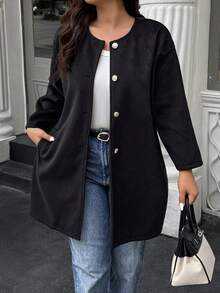 Easura Plus Size Casual Solid Color Jacket, Autumn/Winter Fall Cloth For Women - Black - View 4