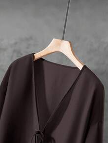 EMERY ROSE 大码纯色简约日常系带长袖上衣和裤子两件套 - 咖啡棕 - 查看 3