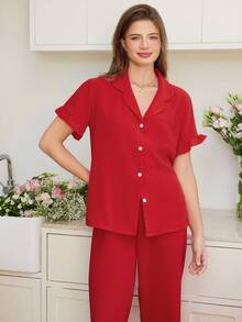 Snug Reverie Women Fashionable And Elegant Solid Ruffle Trim Top & Pants Pajama Set Lounge Set - Red - View 5