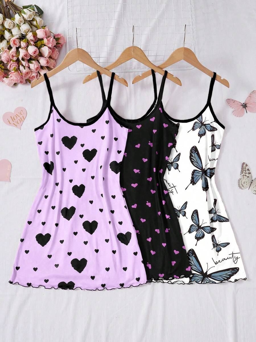 SHEIN 3pcs Women Heart & Bow Print Knit Camisole Nightgown Set